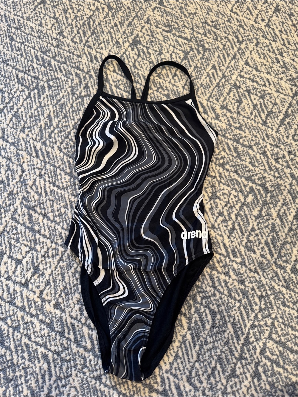 Arena Black & White Marbled Print One-Piece Swimsuit, challenge back.